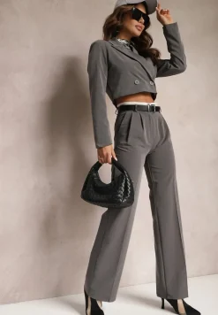 Szare Spodnie Garniturowe High Waist z Przeszyciami Variola