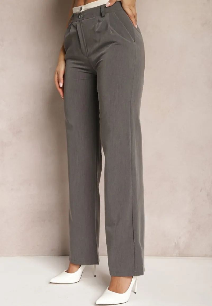 Szare Spodnie Garniturowe High Waist z Przeszyciami Variola