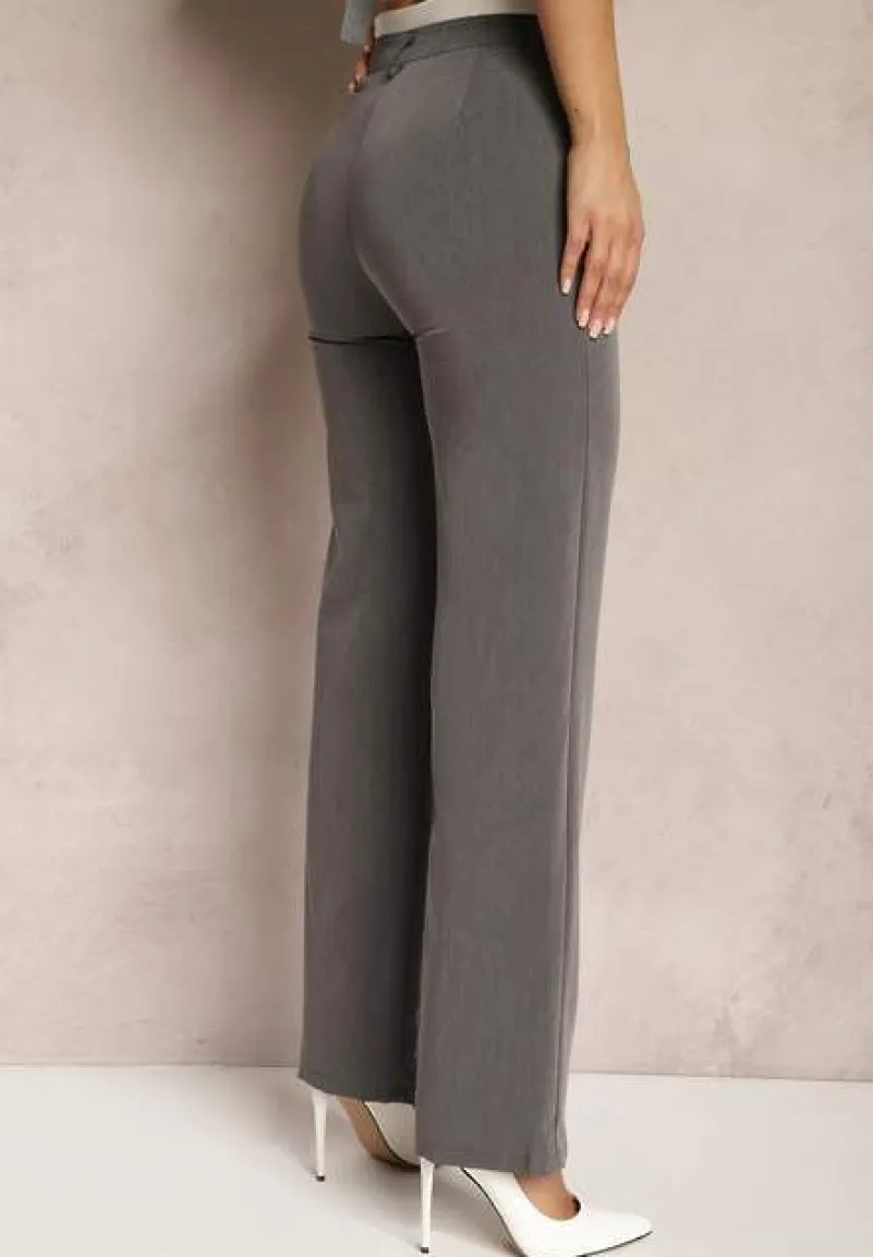 Szare Spodnie Garniturowe High Waist z Przeszyciami Variola