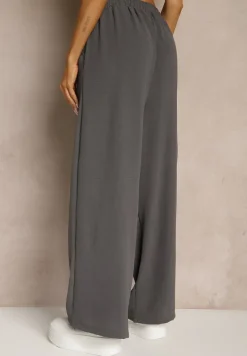 Szare Spodnie High Waist ze Sznurkiem w Talii i Prostą Nogawką Raveann