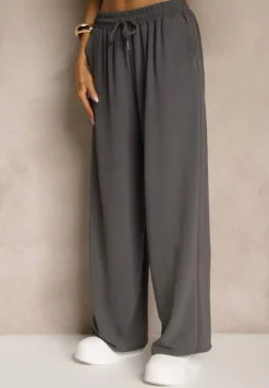 Szare Spodnie High Waist ze Sznurkiem w Talii i Prostą Nogawką Raveann