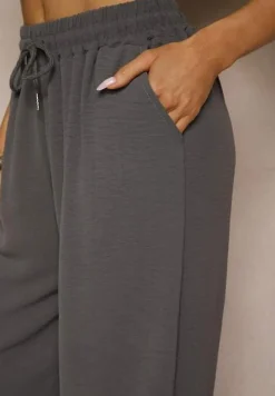 Szare Spodnie High Waist ze Sznurkiem w Talii i Prostą Nogawką Raveann