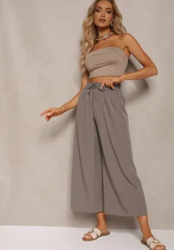 Szare Spodnie High Waist z Szerokimi Nogawkami z Wiskozą Wykończone Gumką w Talii Crisantas