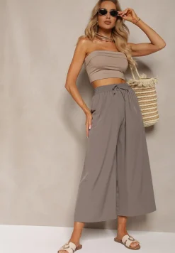 Szare Spodnie High Waist z Szerokimi Nogawkami z Wiskozą Wykończone Gumką w Talii Crisantas