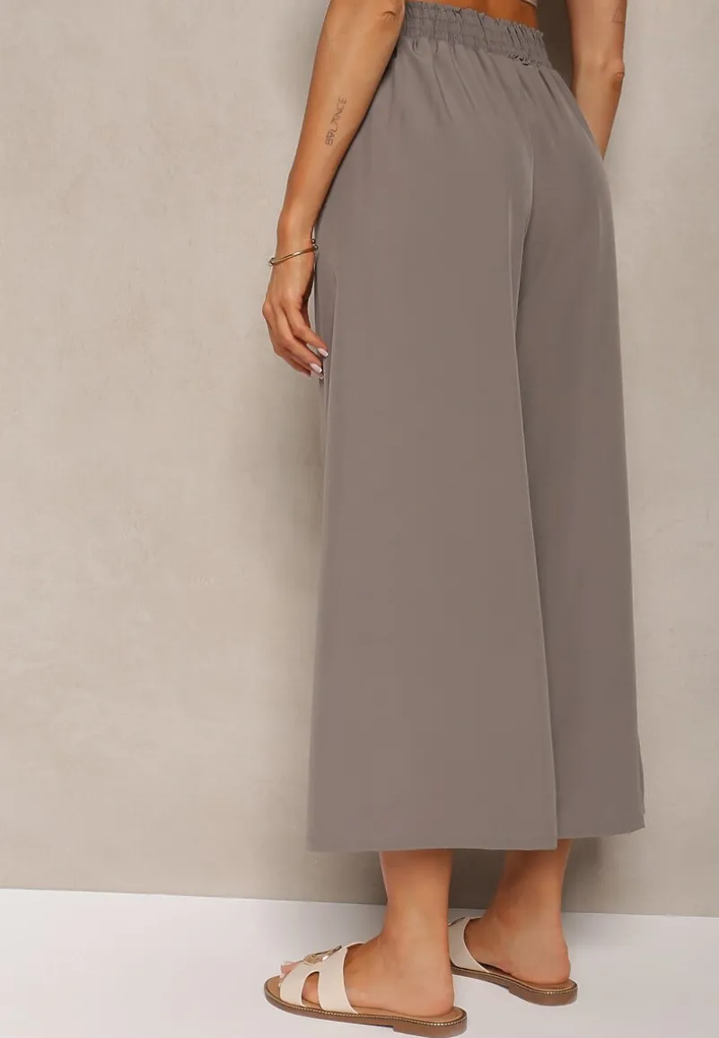 Szare Spodnie High Waist z Szerokimi Nogawkami z Wiskozą Wykończone Gumką w Talii Crisantas
