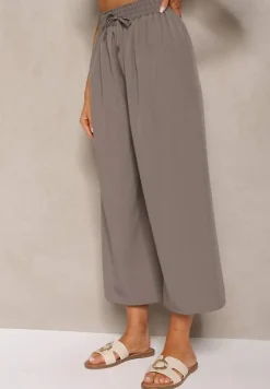 Szare Spodnie High Waist z Szerokimi Nogawkami z Wiskozą Wykończone Gumką w Talii Crisantas