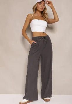 Szare Spodnie o Szerokim Kroju High Waist z Wiązaniem w Pasie Ettianne