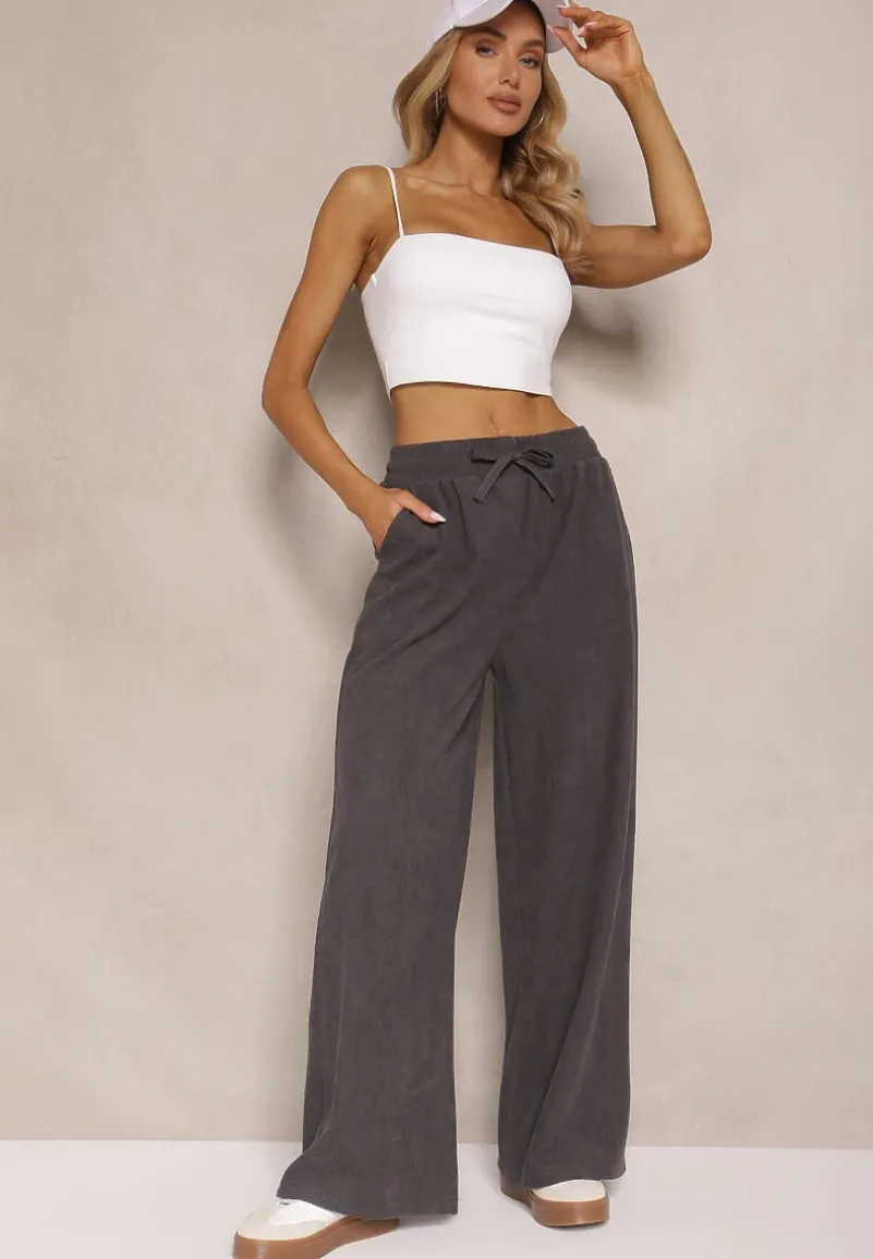 Szare Spodnie o Szerokim Kroju High Waist z Wiązaniem w Pasie Ettianne