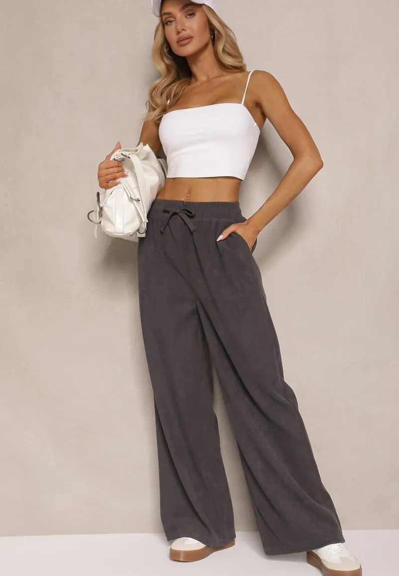 Szare Spodnie o Szerokim Kroju High Waist z Wiązaniem w Pasie Ettianne