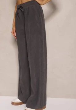 Szare Spodnie o Szerokim Kroju High Waist z Wiązaniem w Pasie Ettianne