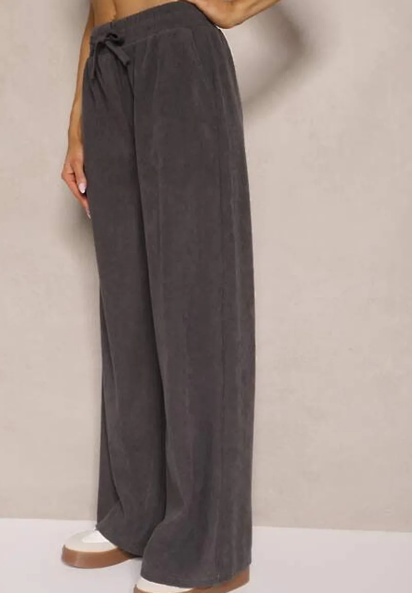 Szare Spodnie o Szerokim Kroju High Waist z Wiązaniem w Pasie Ettianne