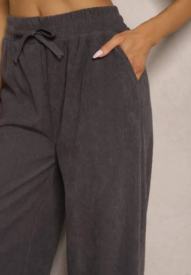 Szare Spodnie o Szerokim Kroju High Waist z Wiązaniem w Pasie Ettianne