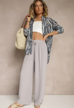Szare Spodnie z Bawełną o Szerokim Kroju z Wiązaniem Rosanelisa