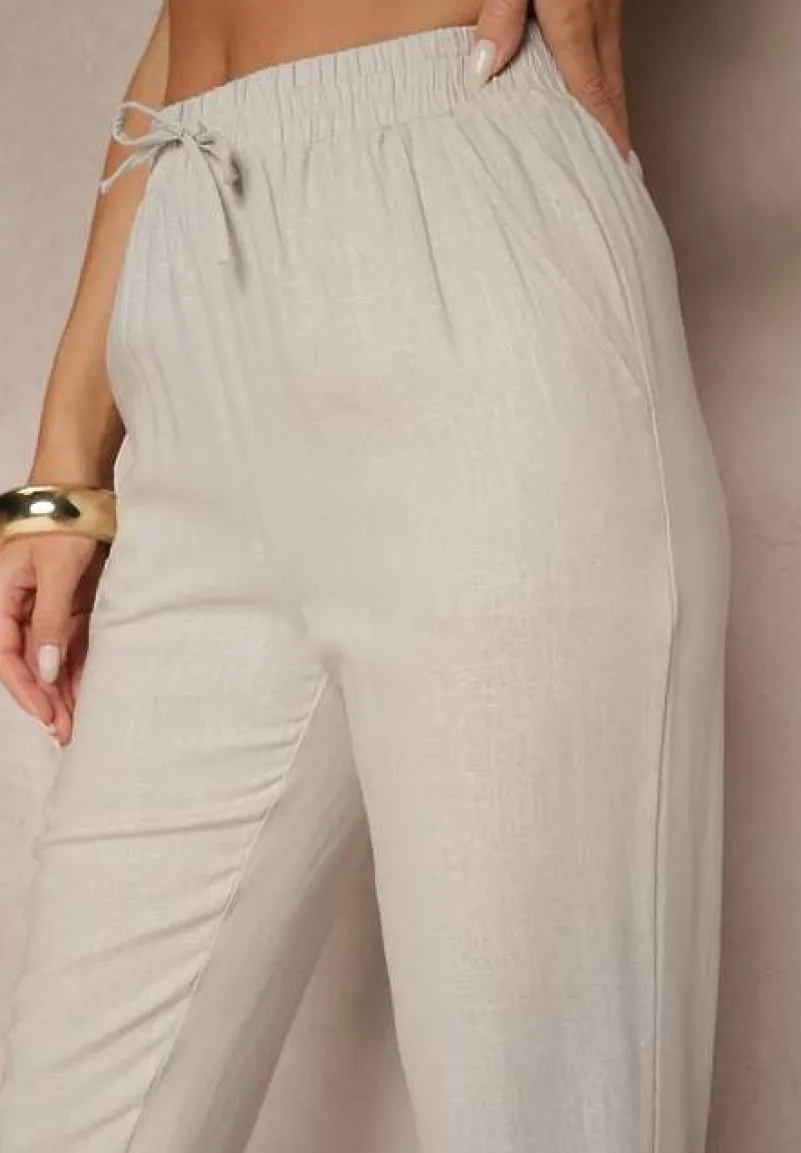 Szare Spodnie z Lnem i Wiązaniem Natomiela