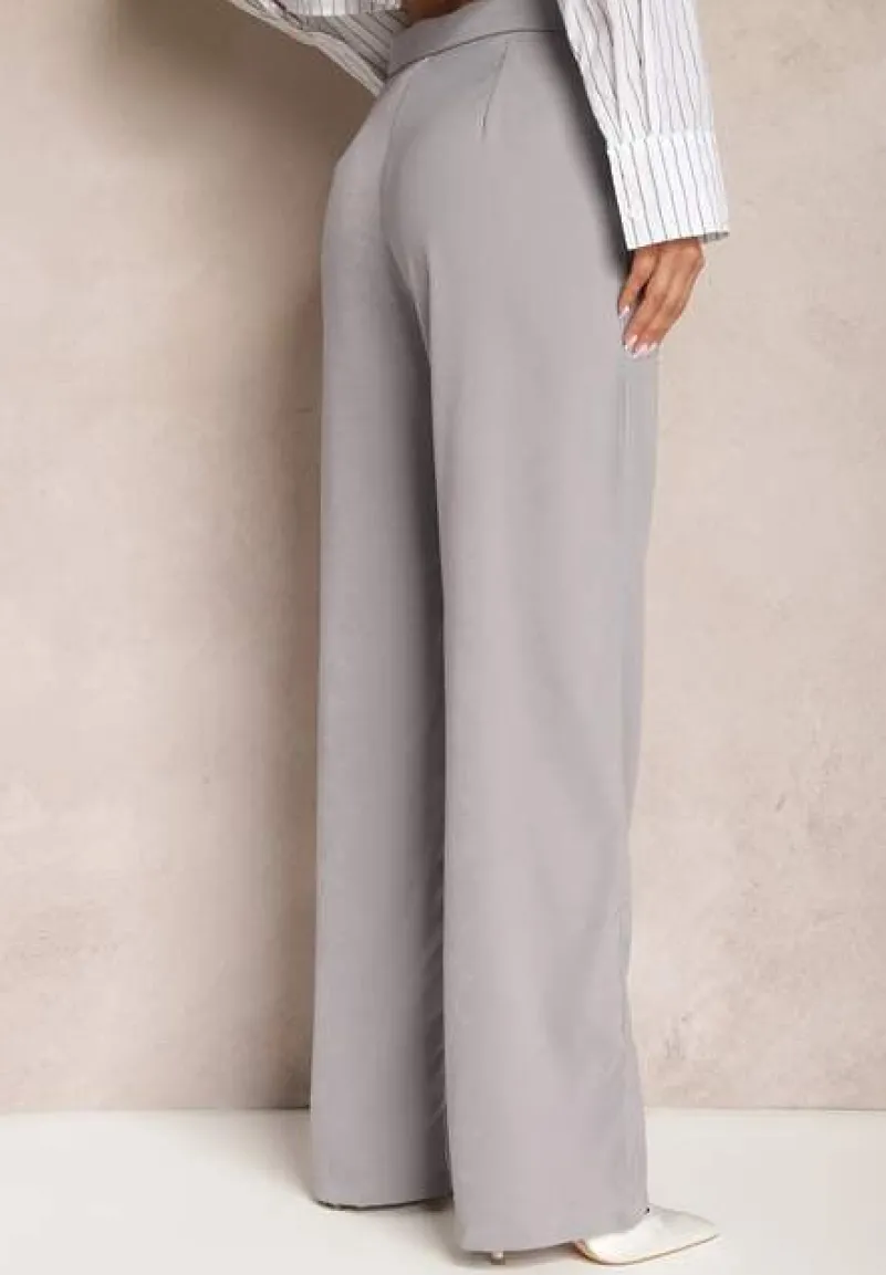 Szare Szerokie Spodnie z Zapięciem na Haczyk Brutris