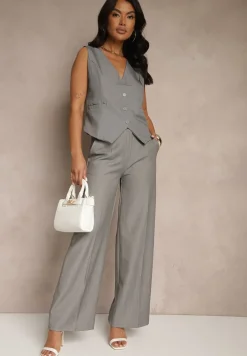 Szare Szerokie Spodnie z Wiskozą High Waist o Garniturowym Kroju Nioratta