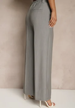 Szare Szerokie Spodnie z Wiskozą High Waist o Garniturowym Kroju Nioratta