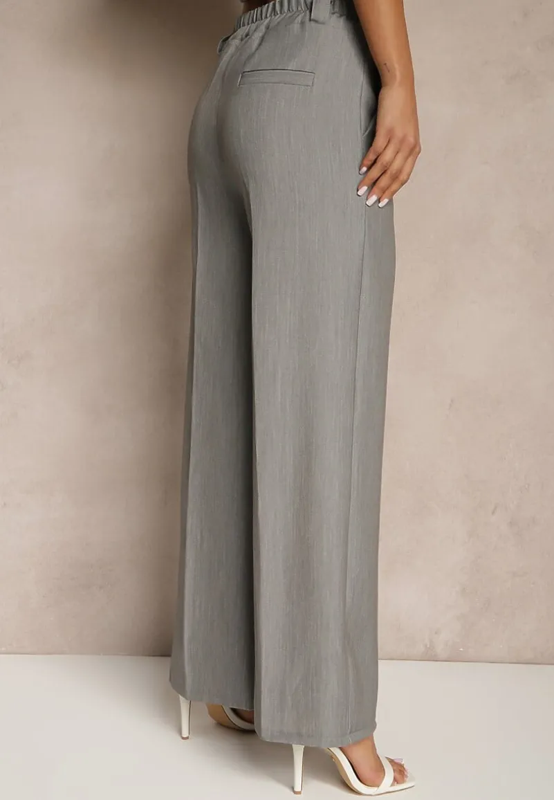 Szare Szerokie Spodnie z Wiskozą High Waist o Garniturowym Kroju Nioratta