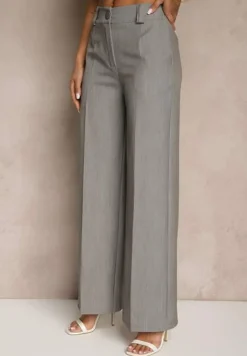 Szare Szerokie Spodnie z Wiskozą High Waist o Garniturowym Kroju Nioratta