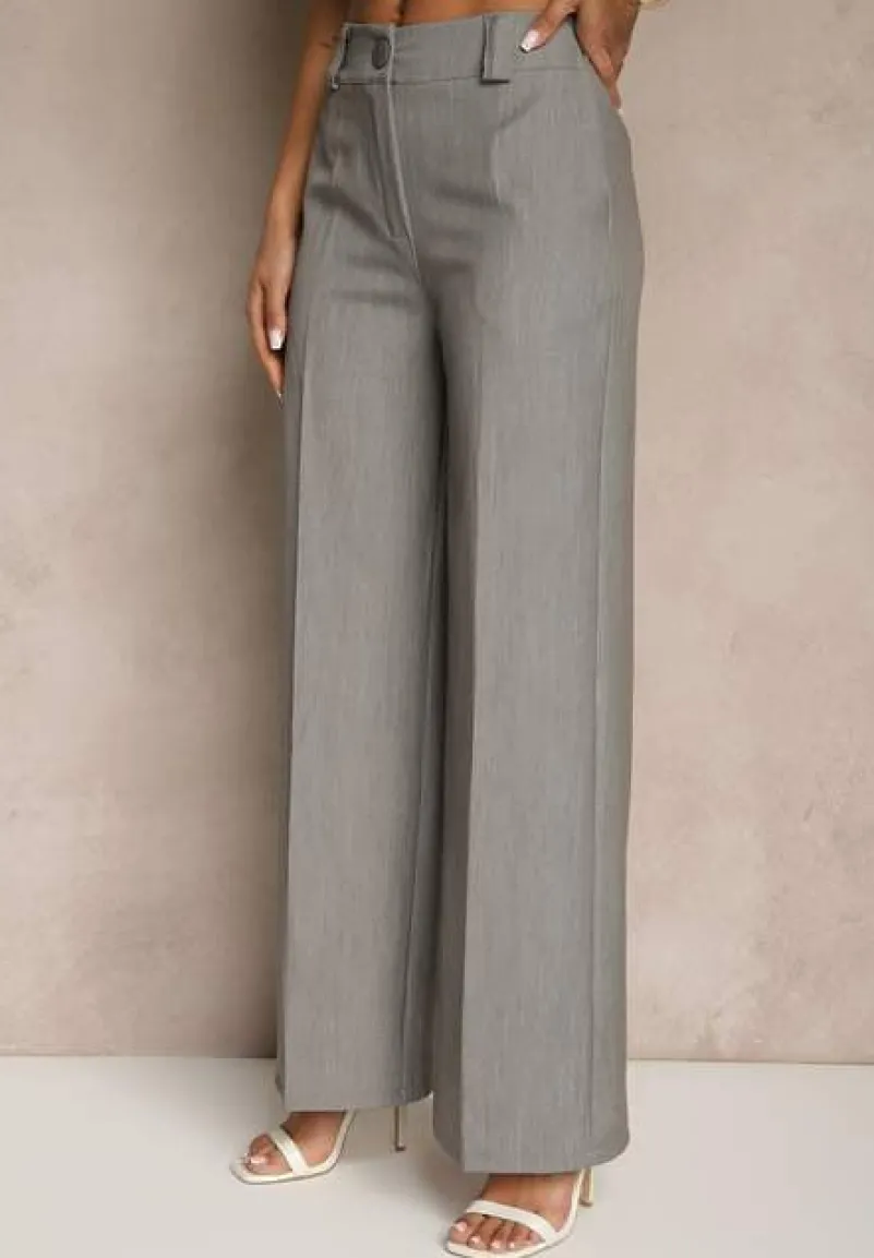 Szare Szerokie Spodnie z Wiskozą High Waist o Garniturowym Kroju Nioratta