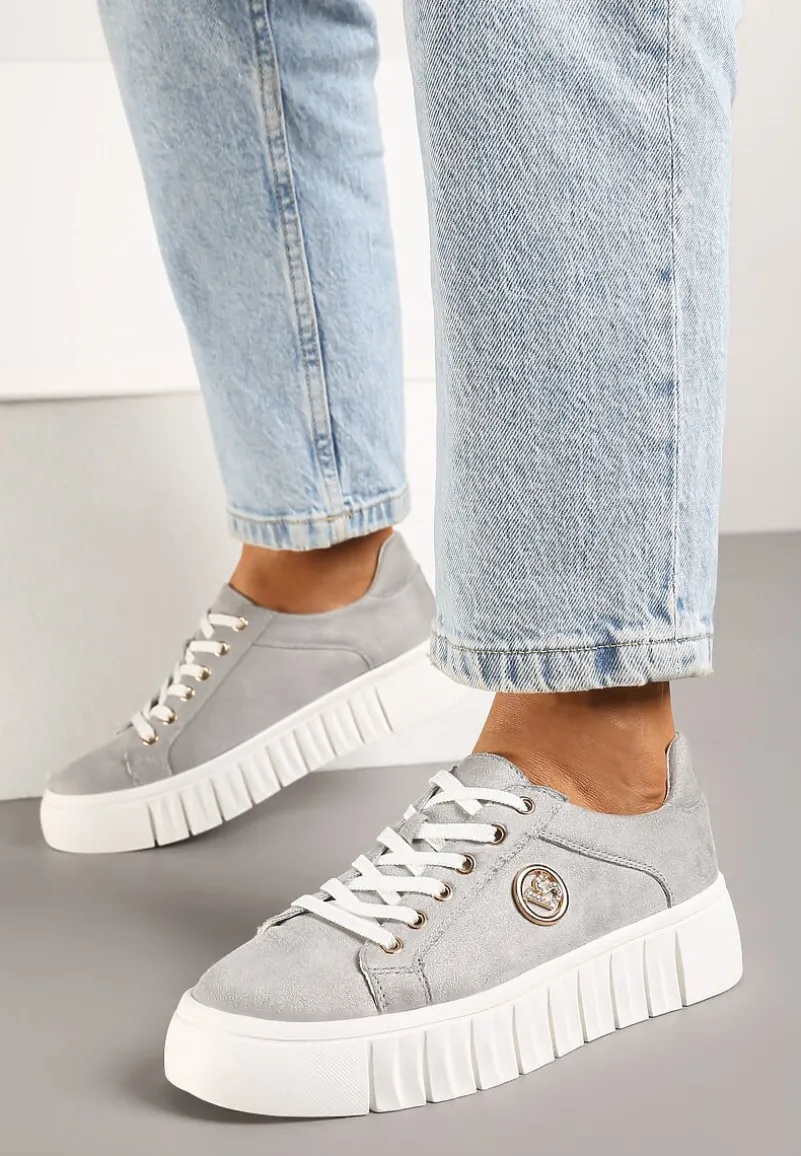 Szare Sznurowane Sneakersy Vices na Platformie z Tłoczeniem i Metaliczną Aplikacją Lavfedi