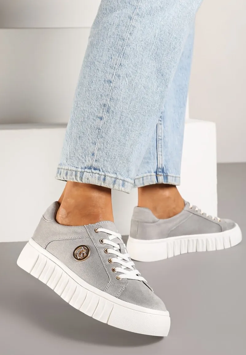 Szare Sznurowane Sneakersy Vices na Platformie z Tłoczeniem i Metaliczną Aplikacją Lavfedi