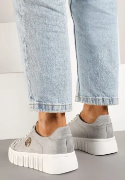 Szare Sznurowane Sneakersy Vices na Platformie z Tłoczeniem i Metaliczną Aplikacją Lavfedi