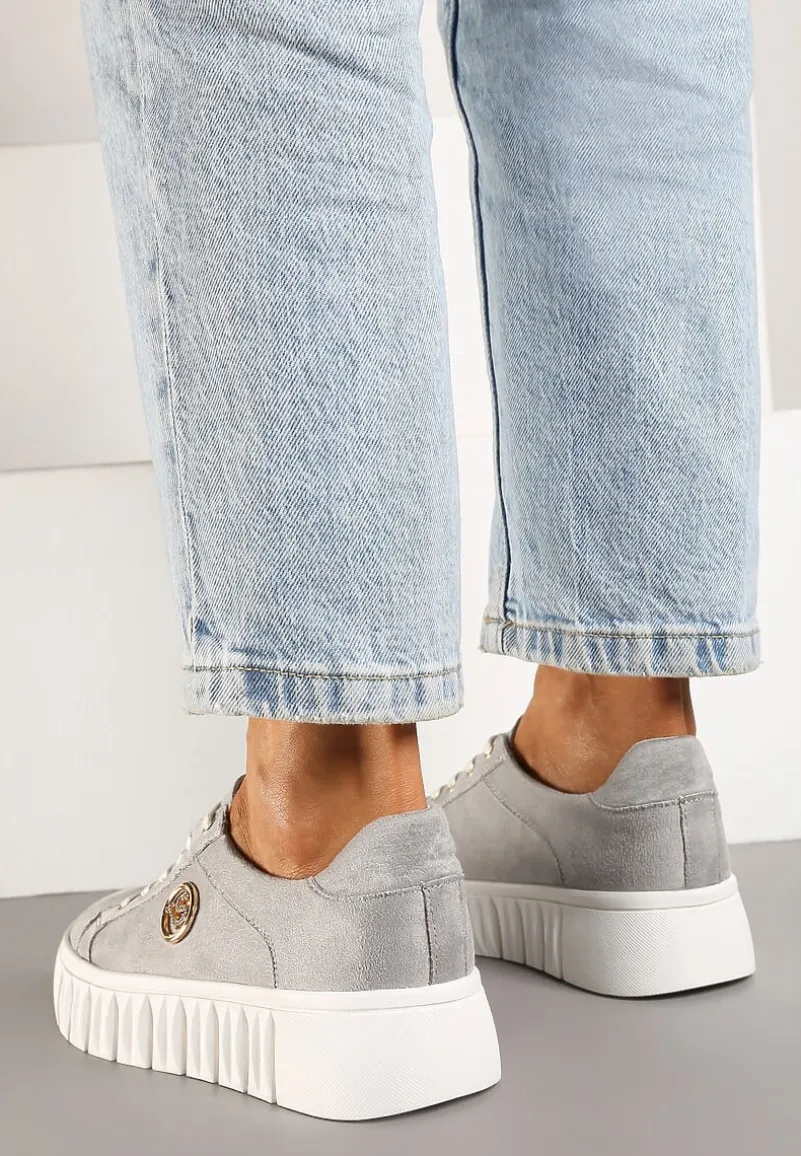 Szare Sznurowane Sneakersy Vices na Platformie z Tłoczeniem i Metaliczną Aplikacją Lavfedi