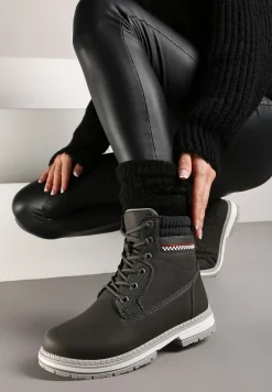 Szare Sznurowane Trapery na Płaskiej Podeszwie Ozdobione Tłoczeniem Brenneth