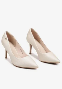 Szare Szpilki z Wkładką ze Skóry Naturalnej i Aplikacją o Metalowym Wykończeniu Krissan