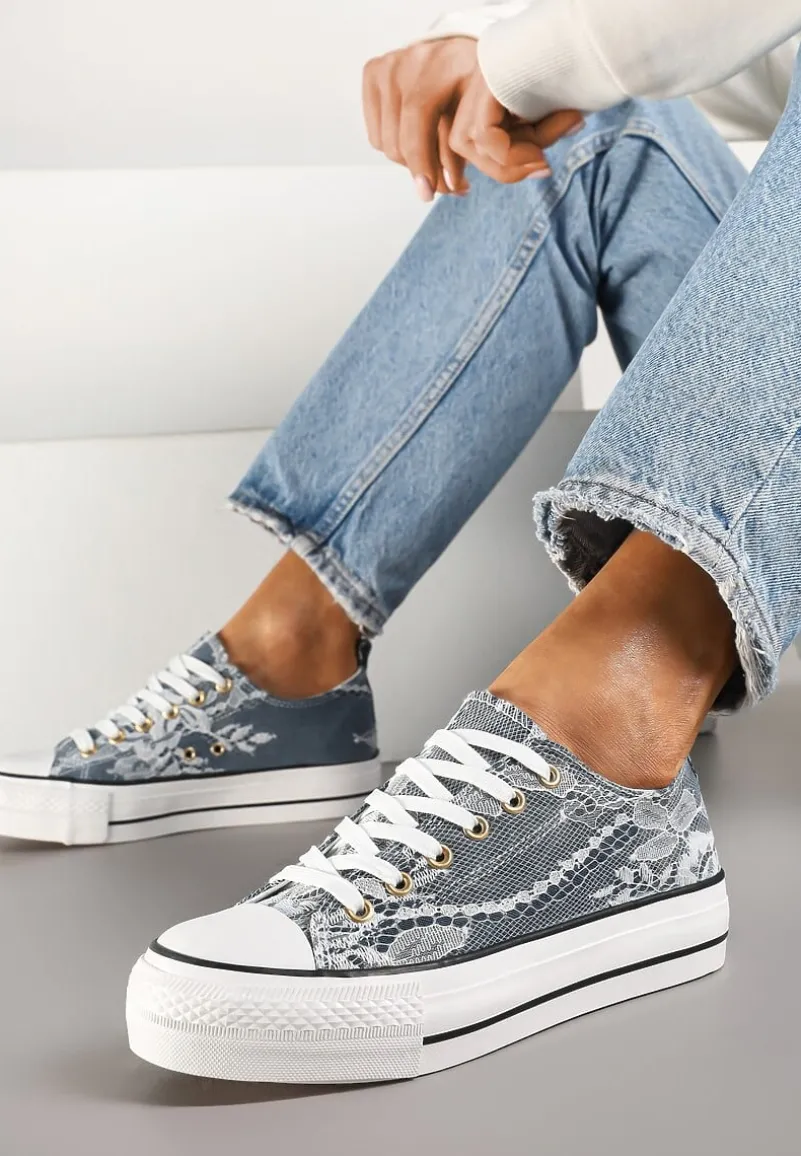 Szare Trampki Niskie z Koronkowym Zdobieniem Gonmiris