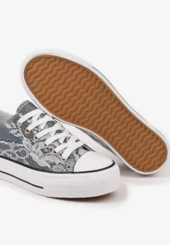 Szare Trampki Niskie z Koronkowym Zdobieniem Gonmiris