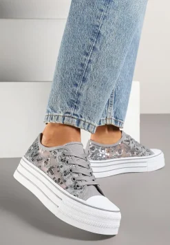 Szare Trampki Vices z Siateczki z Cekinami na Grubej Podeszwie Telanila