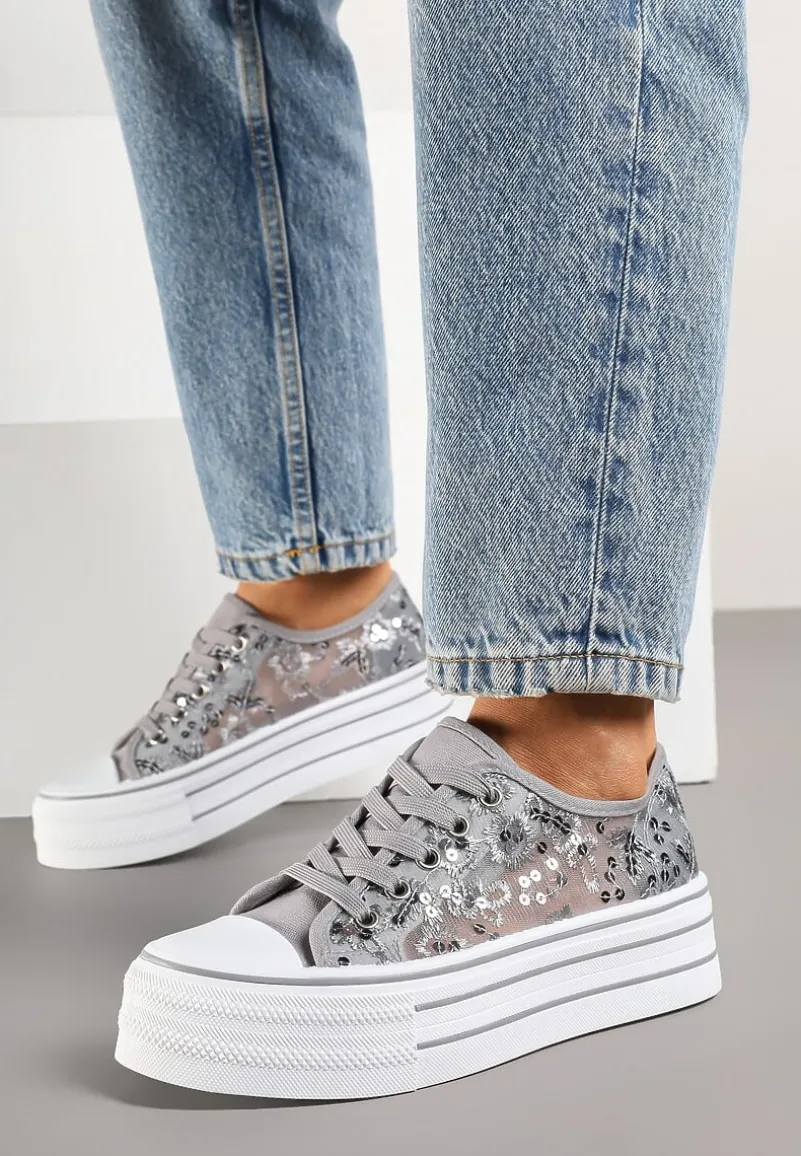 Szare Trampki Vices z Siateczki z Cekinami na Grubej Podeszwie Telanila