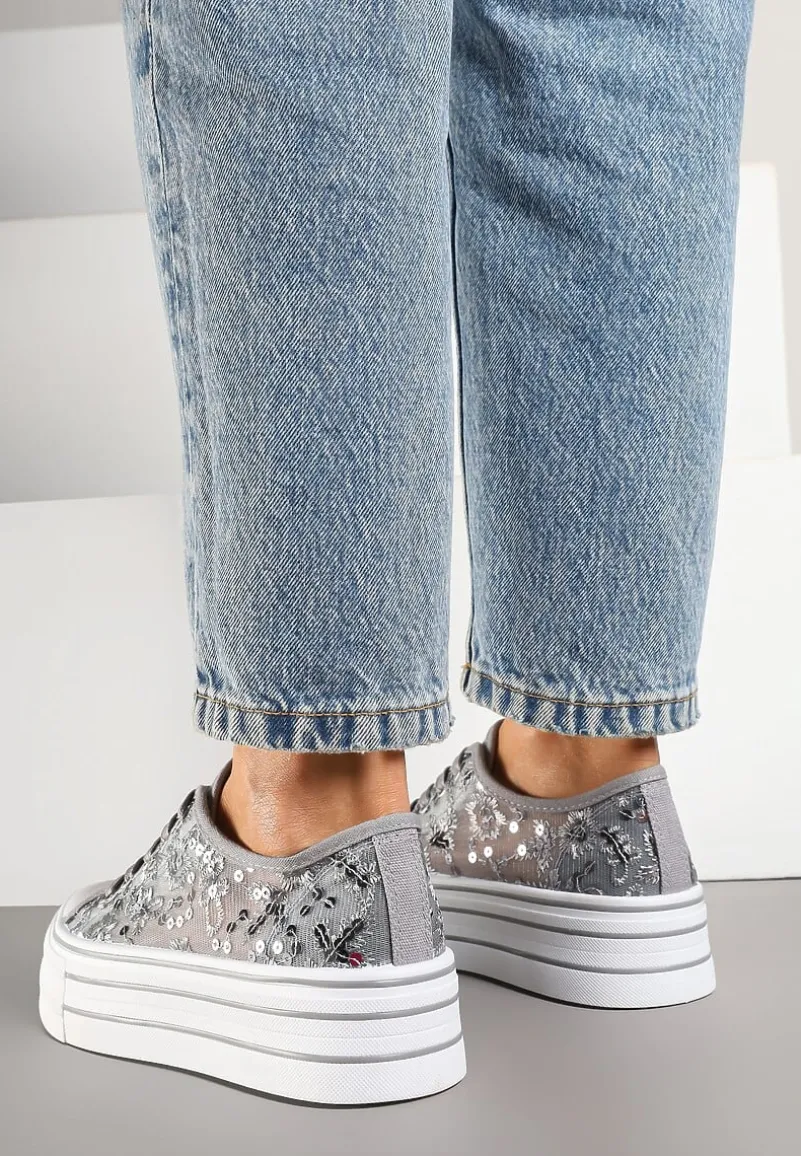 Szare Trampki Vices z Siateczki z Cekinami na Grubej Podeszwie Telanila