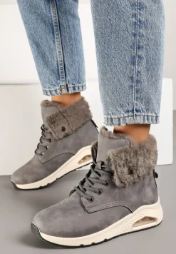 Szare Trapery ze Sznurowaną Cholewką z Futrem Zdobione Wstawką przy Podeszwie Nelothiel