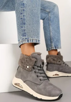 Szare Trapery ze Sznurowaną Cholewką z Futrem Zdobione Wstawką przy Podeszwie Nelothiel