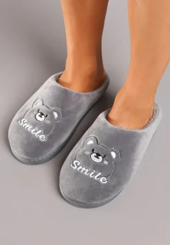 Szare Wsuwane Kapcie z Welurowym Wykończeniem i Ozdobną Naszywką Naorise