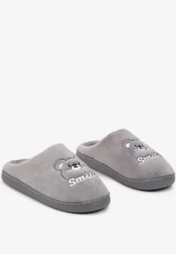Szare Wsuwane Kapcie z Welurowym Wykończeniem i Ozdobną Naszywką Naorise