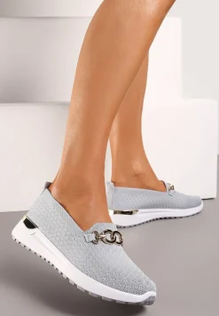 Szare Wsuwane Półbuty w Stylu Tenisówek Ozdobione Klamrą Wiatalia