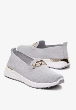 Szare Wsuwane Półbuty w Stylu Tenisówek Ozdobione Klamrą Wiatalia