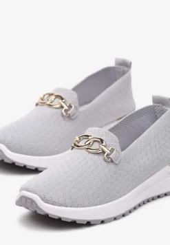 Szare Wsuwane Półbuty w Stylu Tenisówek Ozdobione Klamrą Wiatalia