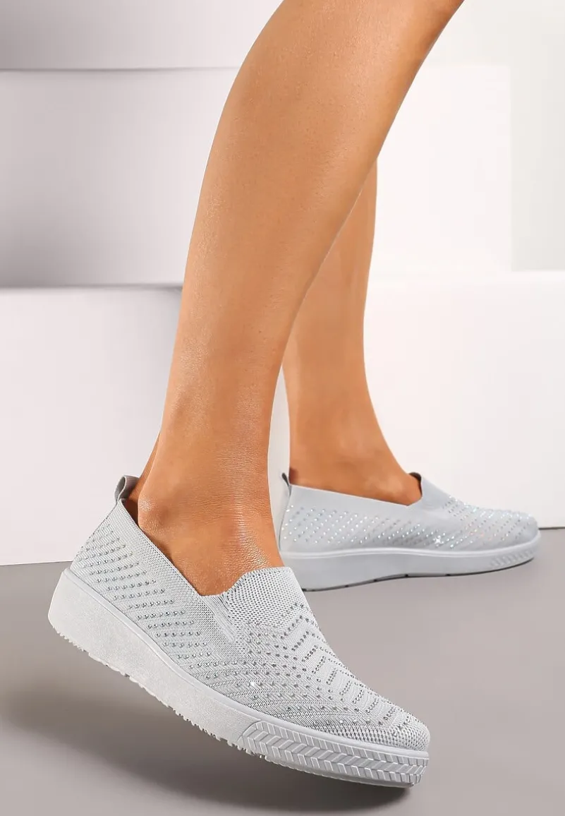 Szare Wsuwane Tenisówki ze Skarpetkową Cholewką z Cyrkoniami Siwina