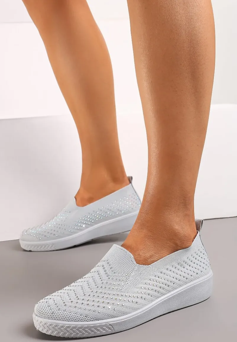 Szare Wsuwane Tenisówki ze Skarpetkową Cholewką z Cyrkoniami Siwina