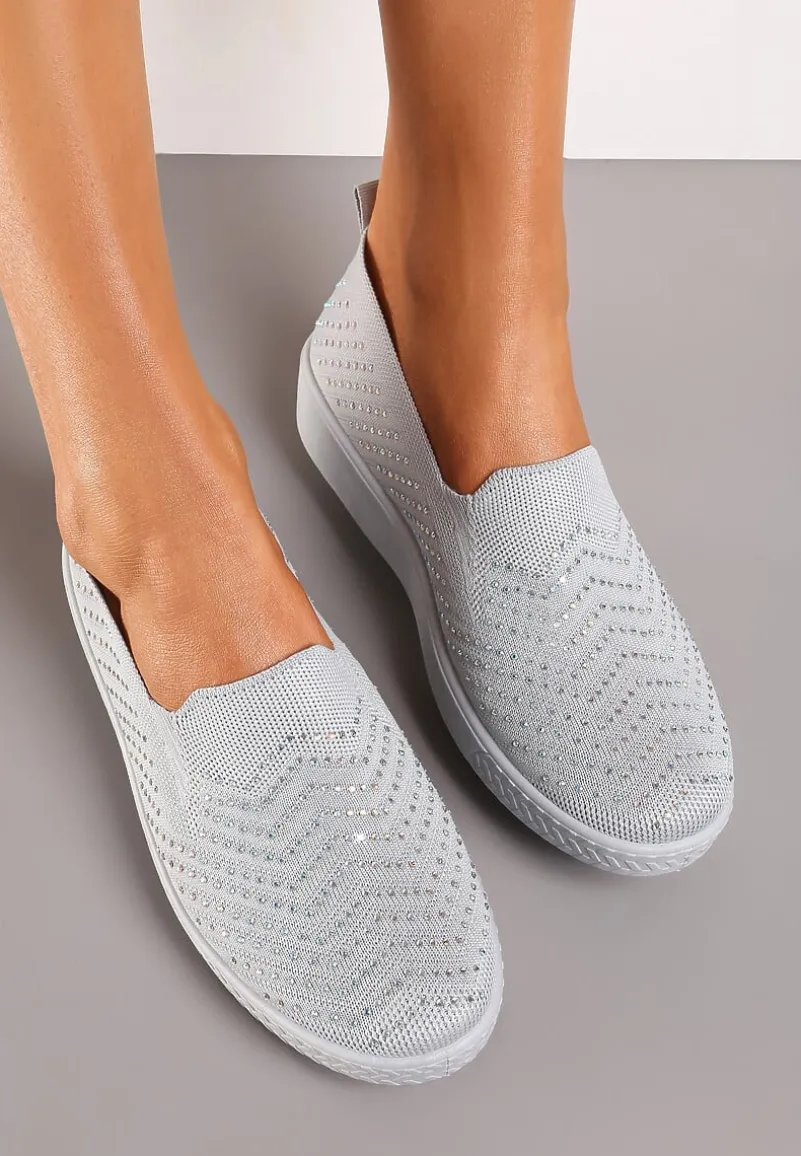 Szare Wsuwane Tenisówki ze Skarpetkową Cholewką z Cyrkoniami Siwina