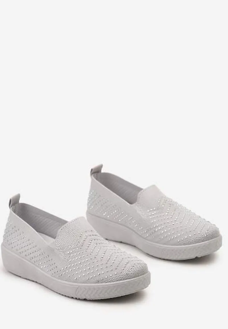 Szare Wsuwane Tenisówki ze Skarpetkową Cholewką z Cyrkoniami Siwina