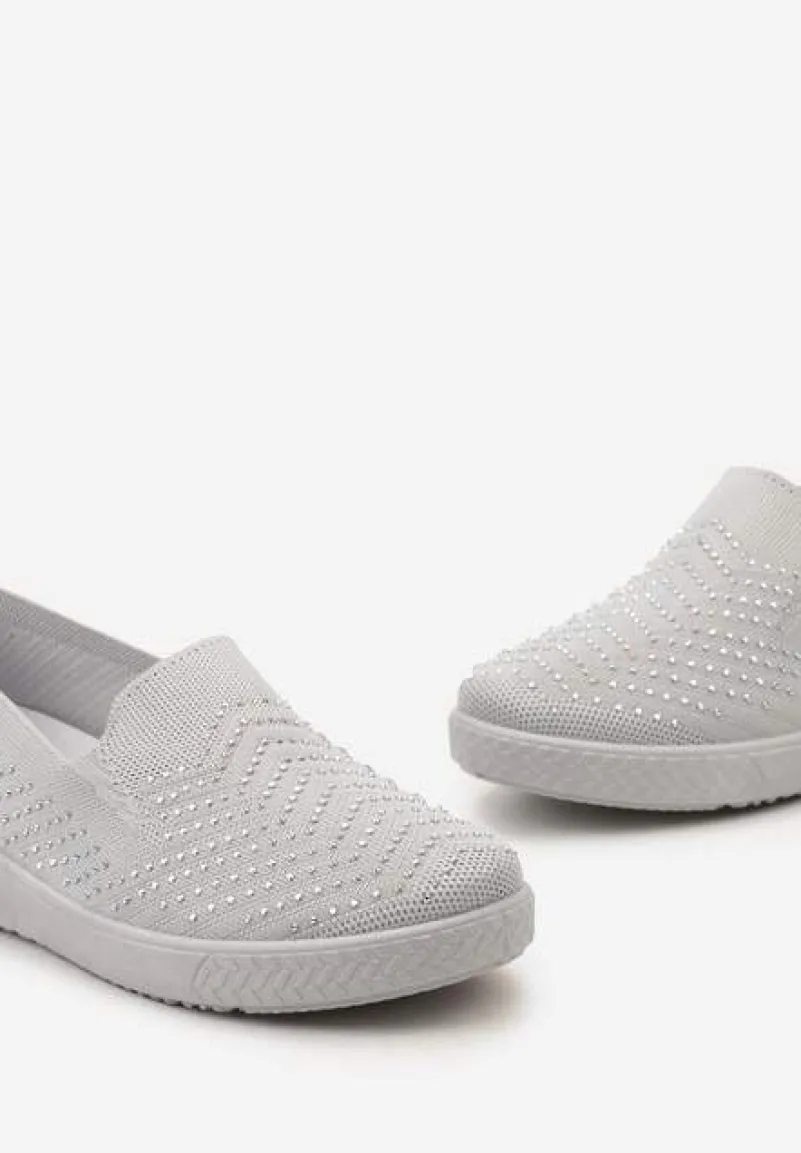 Szare Wsuwane Tenisówki ze Skarpetkową Cholewką z Cyrkoniami Siwina