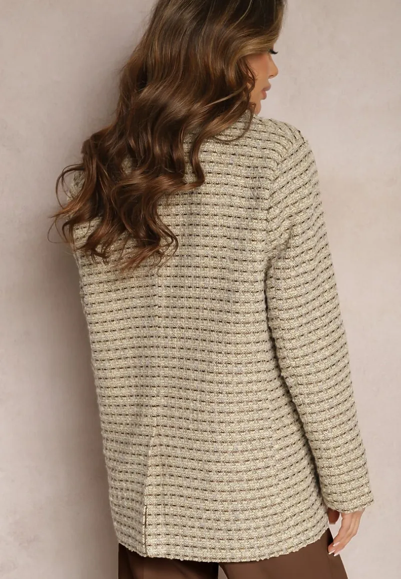 Szaro-Beżowa Tweedowa Marynarka Jednorzędowa z Ozdobnymi Guzikami Arielitta