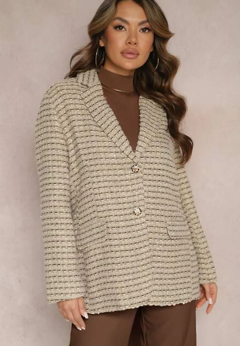 Szaro-Beżowa Tweedowa Marynarka Jednorzędowa z Ozdobnymi Guzikami Arielitta