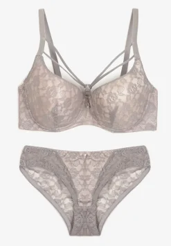 Szaro-Beżowy Komplet Bielizny Koronkowej Biustonosz z Paseczkami i Figi Nasirene